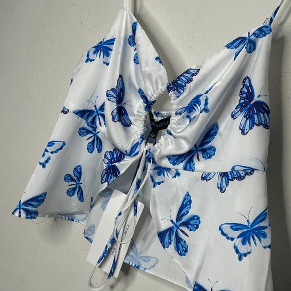 NWT 2-pc Set Satin White with Blue Butterfly Print Crop Top and Mini Skirt S - Picture 9 of 16
